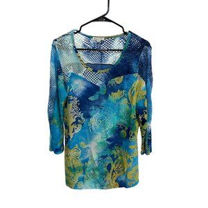 Adore Artsy Large Colorful Print Tunic Top Size L Blue Green Yellow Design